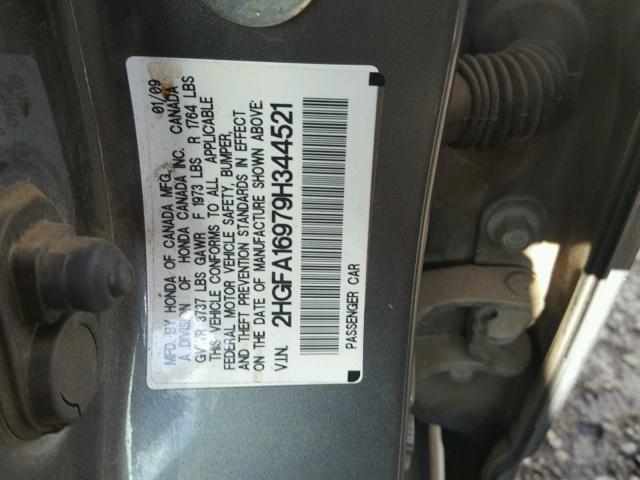 2HGFA16979H344521 - 2009 HONDA CIVIC EXL CHARCOAL photo 10