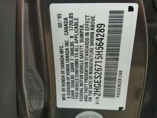 2HGES26715H564289 - 2005 HONDA CIVIC EX GRAY photo 10