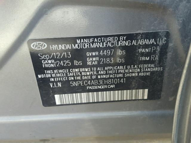 5NPEC4AB3EH810141 - 2014 HYUNDAI SONATA SE GRAY photo 10