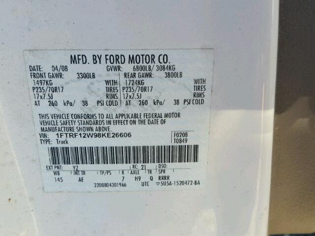 1FTRF12W98KE26606 - 2008 FORD F150 WHITE photo 10