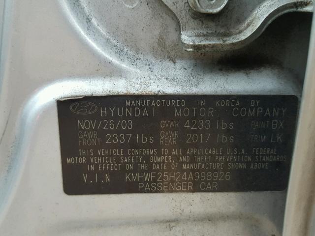 KMHWF25H24A998926 - 2004 HYUNDAI SONATA GL SILVER photo 10