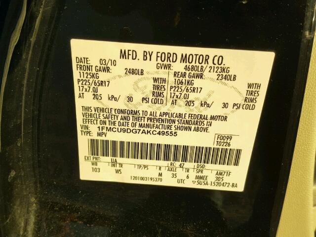 1FMCU9DG7AKC49555 - 2010 FORD ESCAPE XLT BLACK photo 10