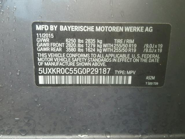 5UXKR0C55G0P29187 - 2016 BMW X5 XDRIVE3 GRAY photo 10