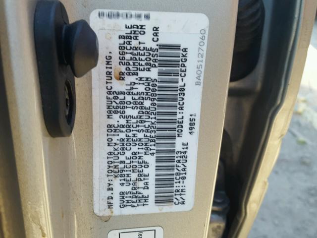 4T1BE32K12U098005 - 2002 TOYOTA CAMRY LE SILVER photo 10