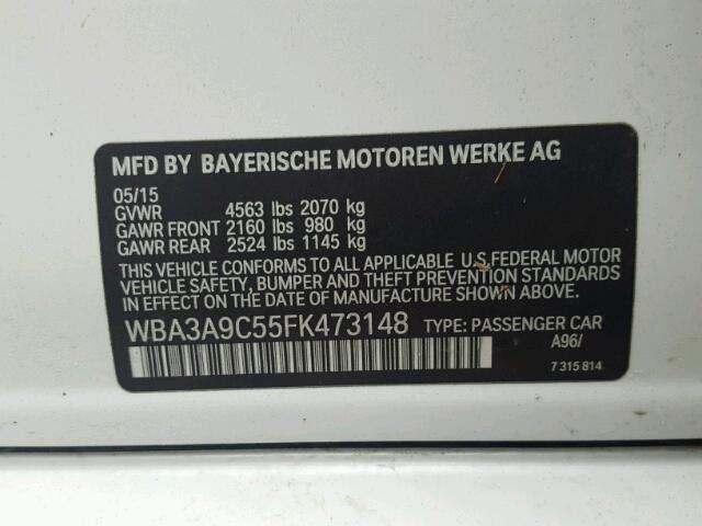 WBA3A9C55FK473148 - 2015 BMW 335 I WHITE photo 10