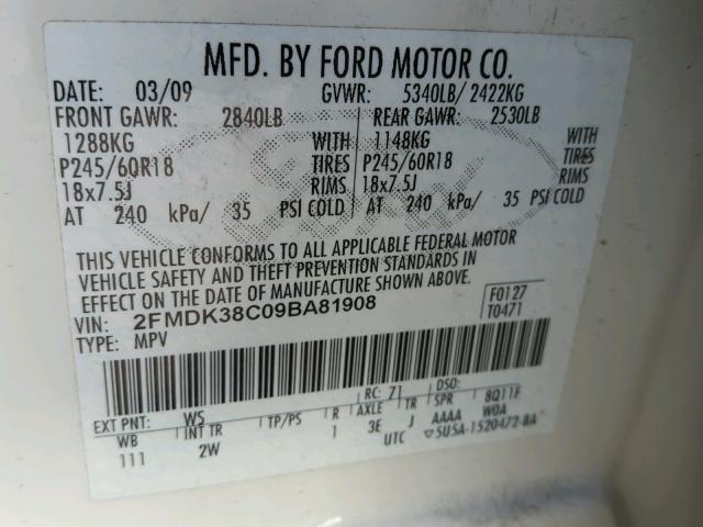 2FMDK38C09BA81908 - 2009 FORD EDGE SEL WHITE photo 10