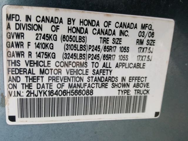 2HJYK16406H566088 - 2006 HONDA RIDGELINE BLUE photo 10