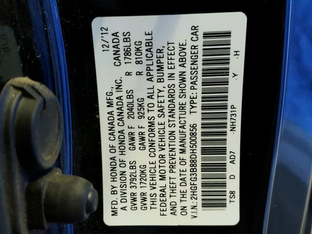 2HGFG3B88DH500856 - 2013 HONDA CIVIC EX შავი ფოტო 10