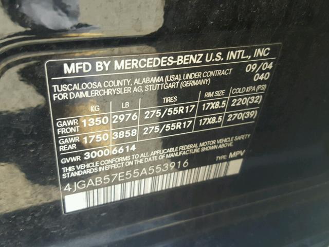 4JGAB57E55A553916 - 2005 MERCEDES-BENZ ML 350 BLACK photo 10