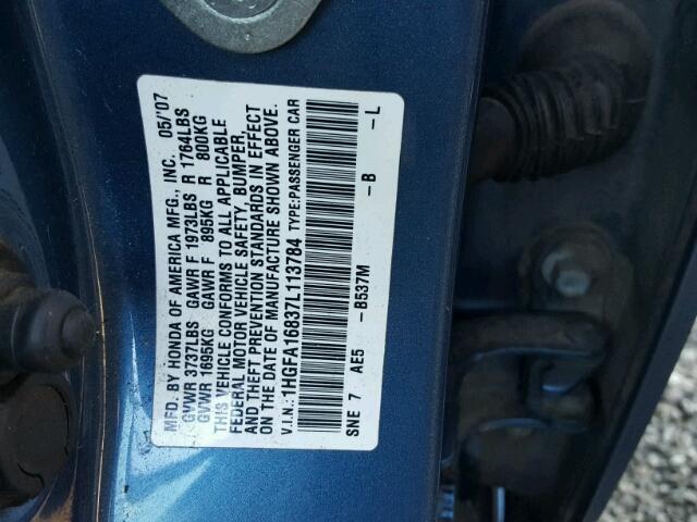 1HGFA16837L113784 - 2007 HONDA CIVIC EX ლურჯი ფოტო 10