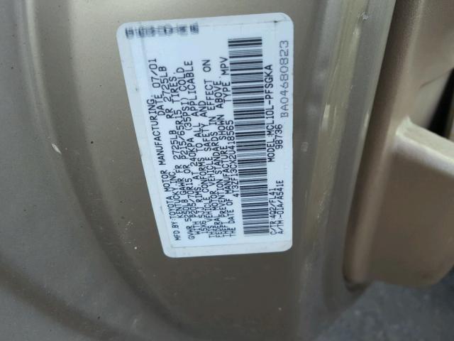 4T3ZF13CX2U418565 - 2002 TOYOTA SIENNA LE TAN photo 10