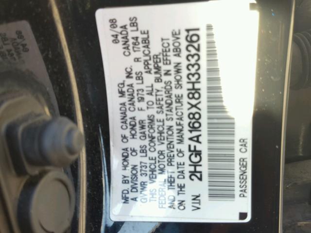 2HGFA168X8H333261 - 2008 HONDA CIVIC EX შავი ფოტო 10