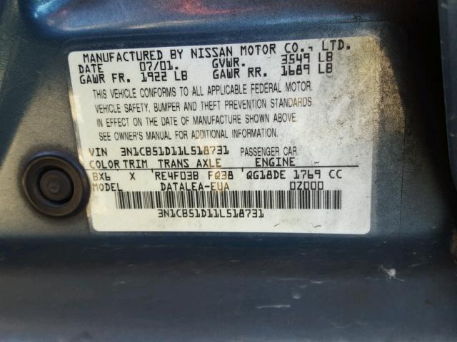 3N1CB51D11L518731 - 2001 NISSAN SENTRA XE BLUE photo 10