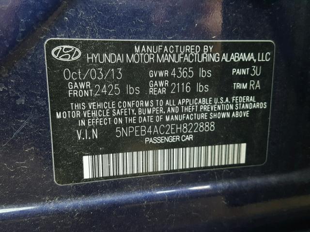 5NPEB4AC2EH822888 - 2014 HYUNDAI SONATA GLS BLUE photo 10