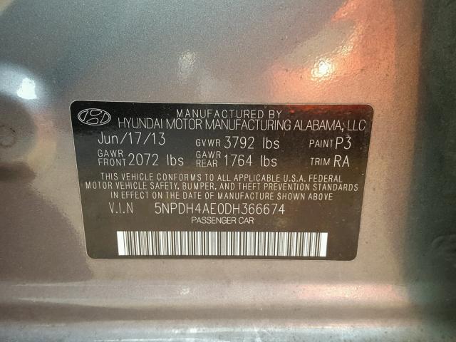 5NPDH4AE0DH366674 - 2013 HYUNDAI ELANTRA GL GRAY photo 10