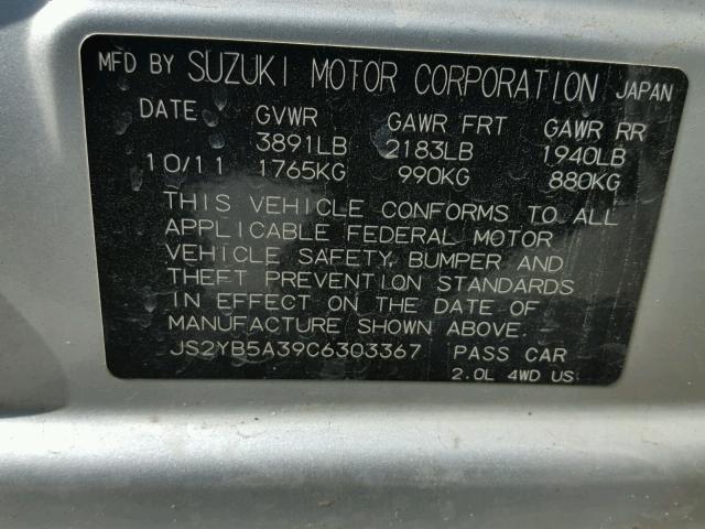 JS2YB5A39C6303367 - 2012 SUZUKI SX4 BASE SILVER photo 10