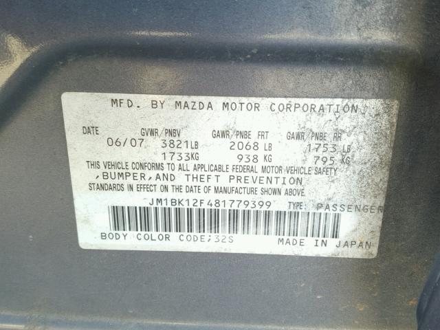 JM1BK12F481779399 - 2008 MAZDA 3 I GRAY photo 10