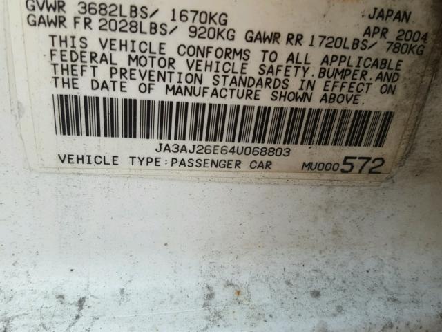 JA3AJ26E64U068803 - 2004 MITSUBISHI LANCER ES WHITE photo 10