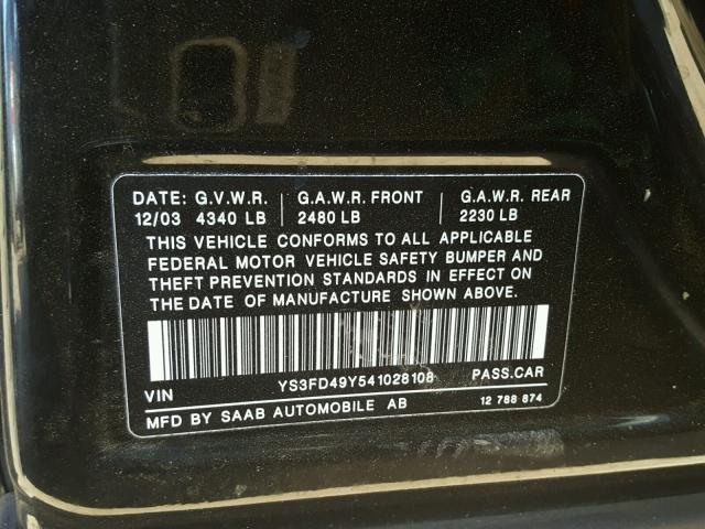 YS3FD49Y541028108 - 2004 SAAB 9-3 ARC BLACK photo 10