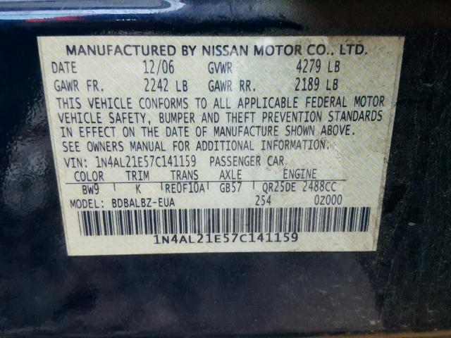 1N4AL21E57C141159 - 2007 NISSAN ALTIMA 2.5 BLUE photo 10