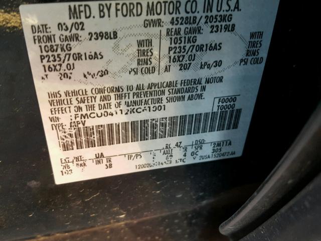 1FMCU04112KC61001 - 2002 FORD ESCAPE XLT BLACK photo 10