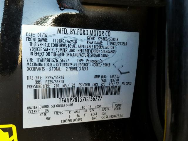 1FAHP28157G156727 - 2007 FORD FIVE HUNDR BLACK photo 10