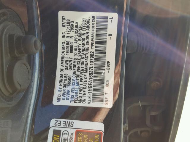 1HGFA16537L137962 - 2007 HONDA CIVIC LX BLACK photo 10