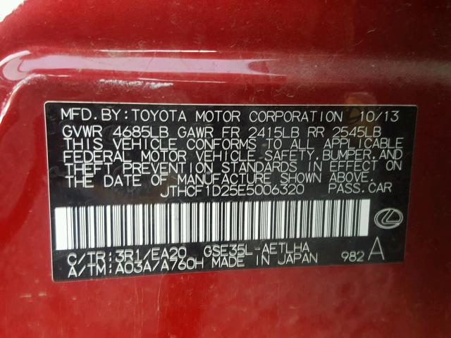 JTHCF1D25E5006320 - 2014 LEXUS IS 250 RED photo 10