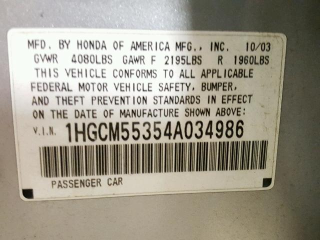 1HGCM55354A034986 - 2004 HONDA ACCORD LX SILVER photo 10