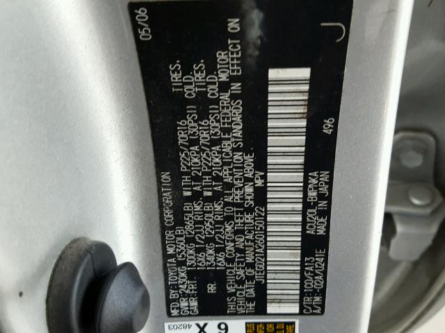 JTEGD21A260150122 - 2006 TOYOTA HIGHLANDER GRAY photo 10