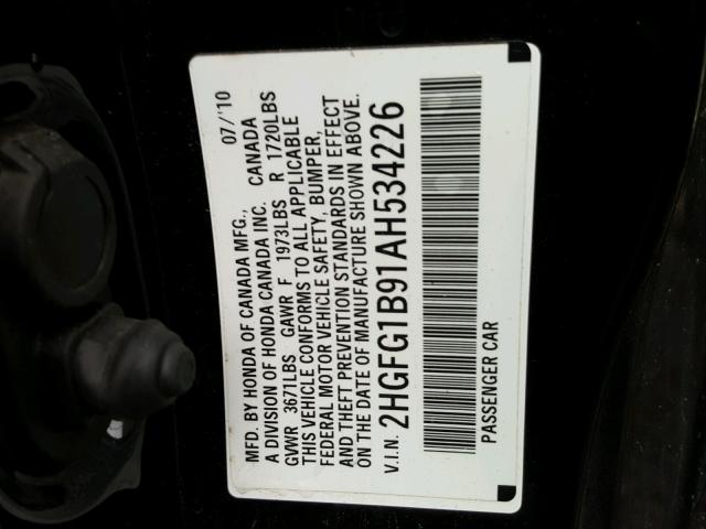 2HGFG1B91AH534226 - 2010 HONDA CIVIC EXL 黑色 照片 10