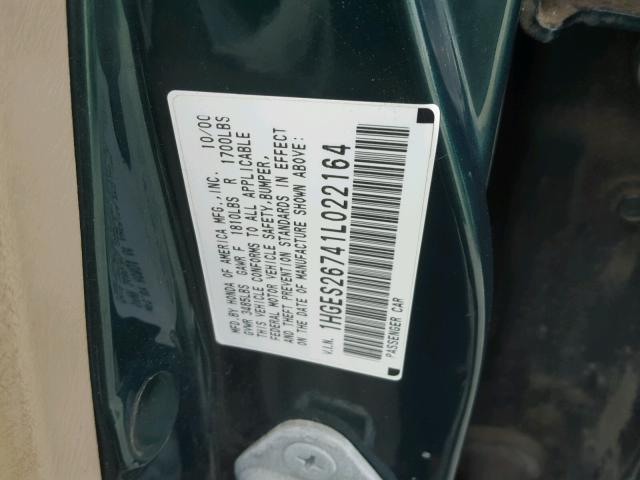 1HGES26741L022164 - 2001 HONDA CIVIC EX GREEN photo 10