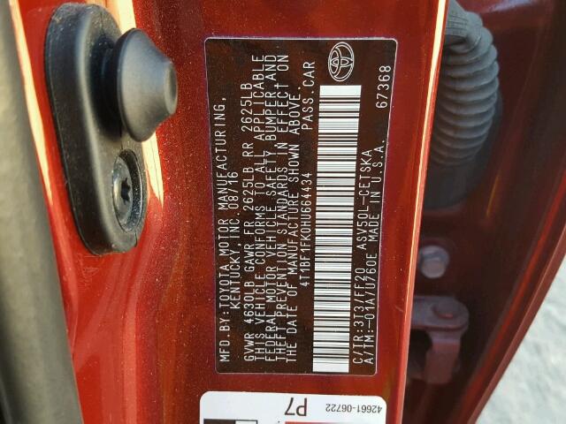 4T1BF1FK0HU664434 - 2017 TOYOTA CAMRY LE RED photo 10