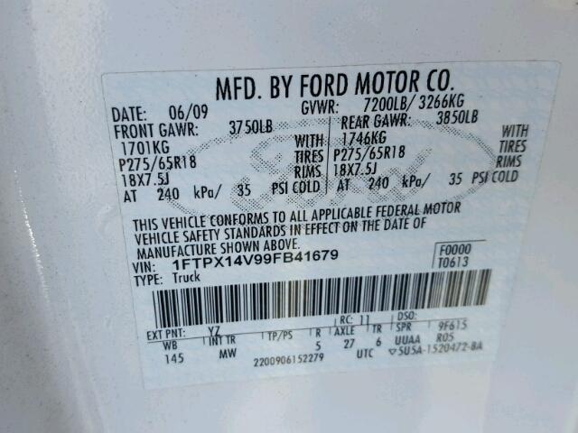 1FTPX14V99FB41679 - 2009 FORD F150 SUPER WHITE photo 10