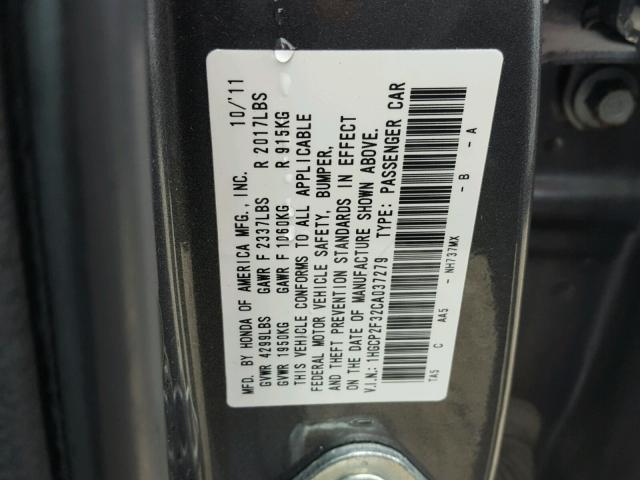 1HGCP2F32CA037279 - 2012 HONDA ACCORD LX GRAY photo 10