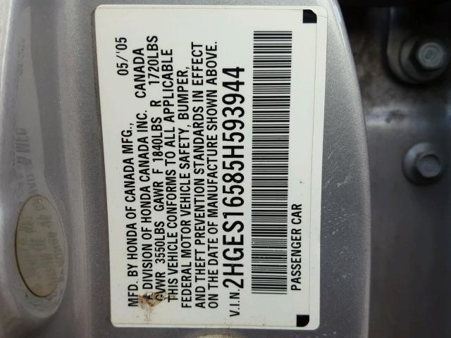 2HGES16585H593944 - 2005 HONDA CIVIC LX SILVER photo 10