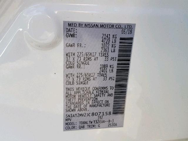 5N1AT2MV2JC807158 - 2018 NISSAN ROGUE SV WHITE photo 10