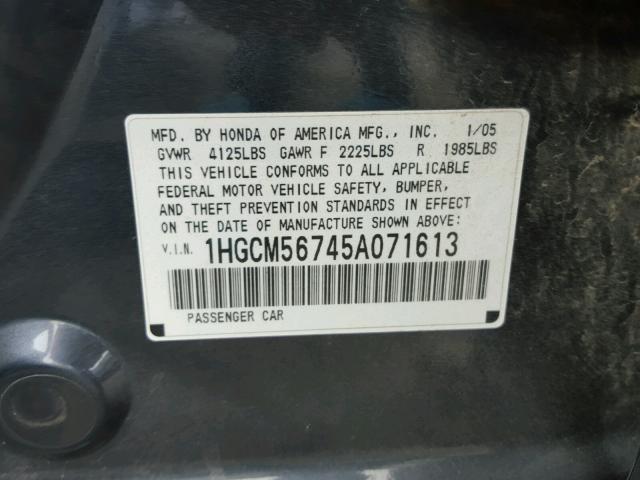 1HGCM56745A071613 - 2005 HONDA ACCORD EX GRAY photo 10