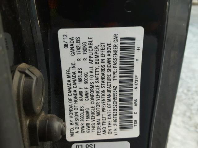 2HGFG3B52CH559342 - 2012 HONDA CIVIC LX BLACK photo 10