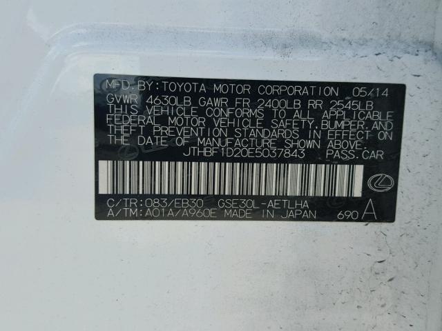 JTHBF1D20E5037843 - 2014 LEXUS IS 250 WHITE photo 10