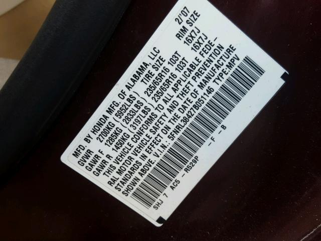 5FNRL38427B051146 - 2007 HONDA ODYSSEY EX BURGUNDY photo 10