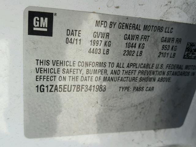 1G1ZA5EU7BF341983 - 2011 CHEVROLET MALIBU LS თეთრი ფოტო 10