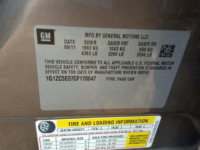 1G1ZC5E07CF178647 - 2012 CHEVROLET MALIBU 1LT BROWN photo 10