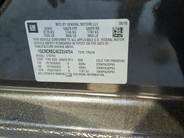 1GCRCREC4GZ334754 - 2016 CHEVROLET SILVERADO GRAY photo 10