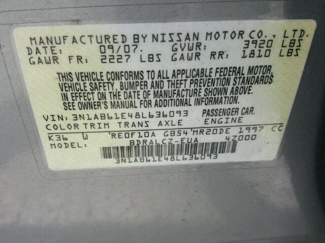 3N1AB61E48L636093 - 2008 NISSAN SENTRA 2.0 GRAY photo 10