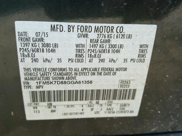 1FM5K7D88GGA61358 - 2016 FORD EXPLORER X GREEN photo 10