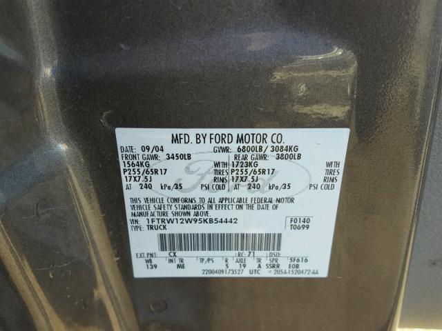 1FTRW12W95KB54442 - 2005 FORD F150 SUPER CHARCOAL photo 10