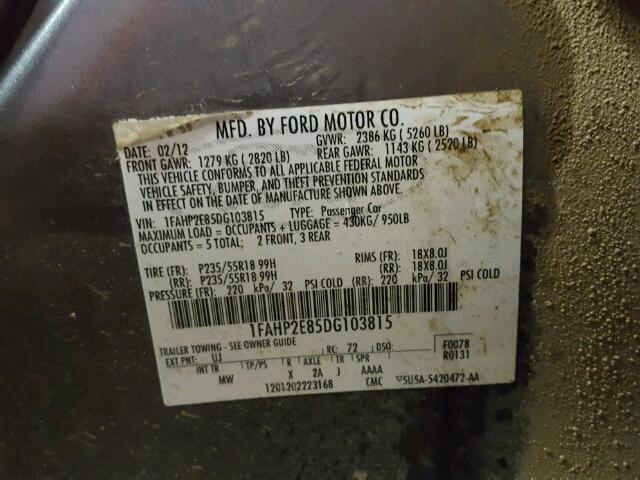 1FAHP2E85DG103815 - 2013 FORD TAURUS SEL CHARCOAL photo 10