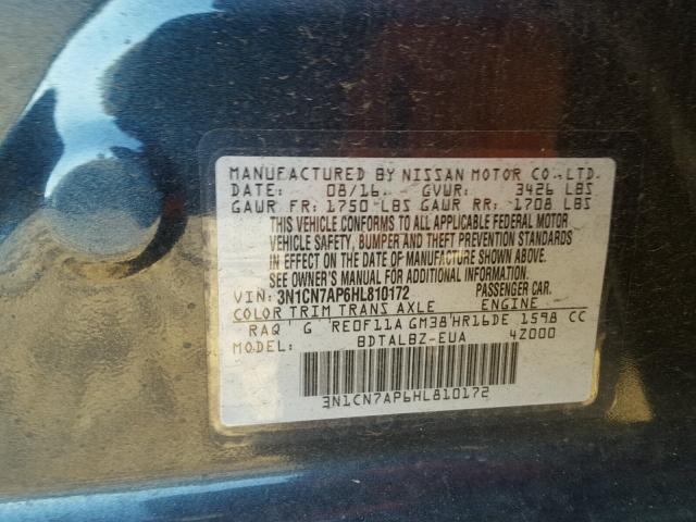 3N1CN7AP6HL810172 - 2017 NISSAN VERSA S BLUE photo 10