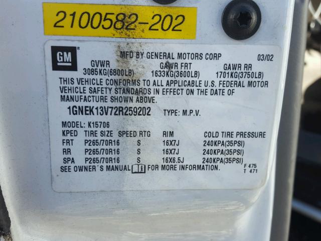 1GNEK13V72R259202 - 2002 CHEVROLET TAHOE K150 WHITE photo 10